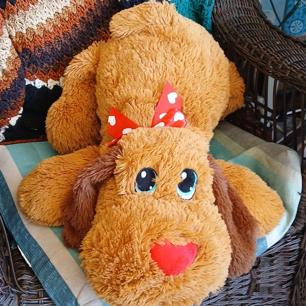 Big Fluff Soft Plush Dog Toy with Red Bow